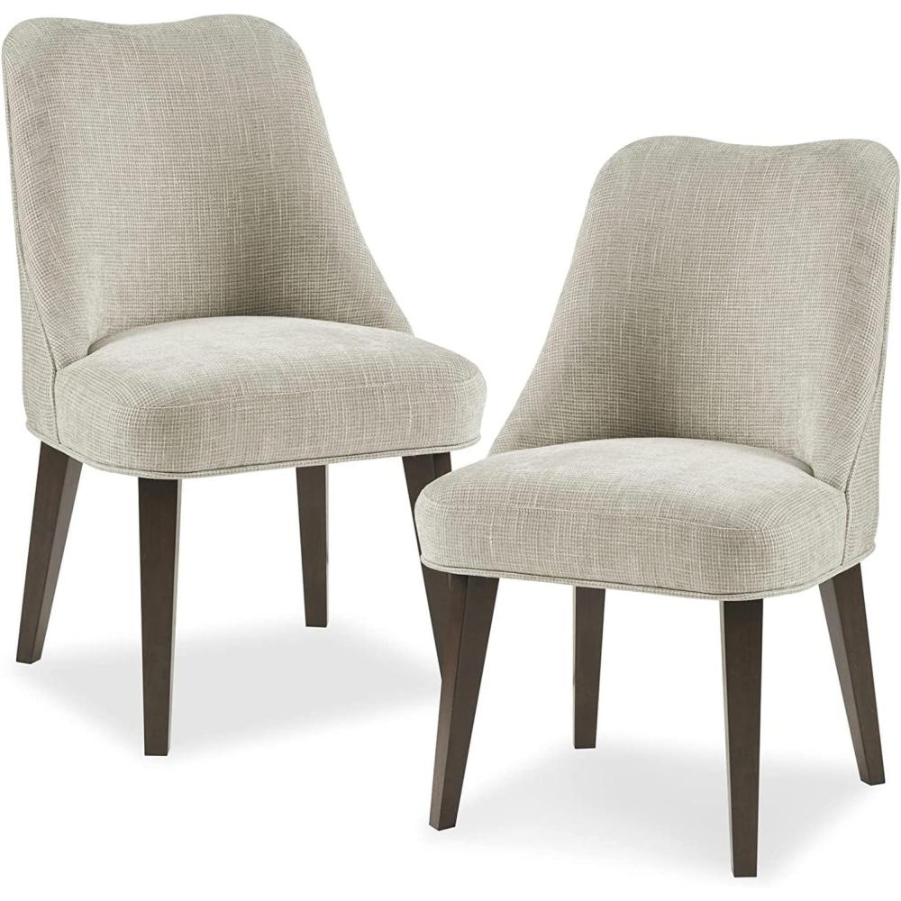 imageMartha Stewart Holls A Pair Dining Chairs Swoop Arm Curved Upholstered Back Round Piping Foam Seat Cushion Modern Kitchen Furniture Dark Finished Solid Wood Legs 35quot H Beige 2 Piece
