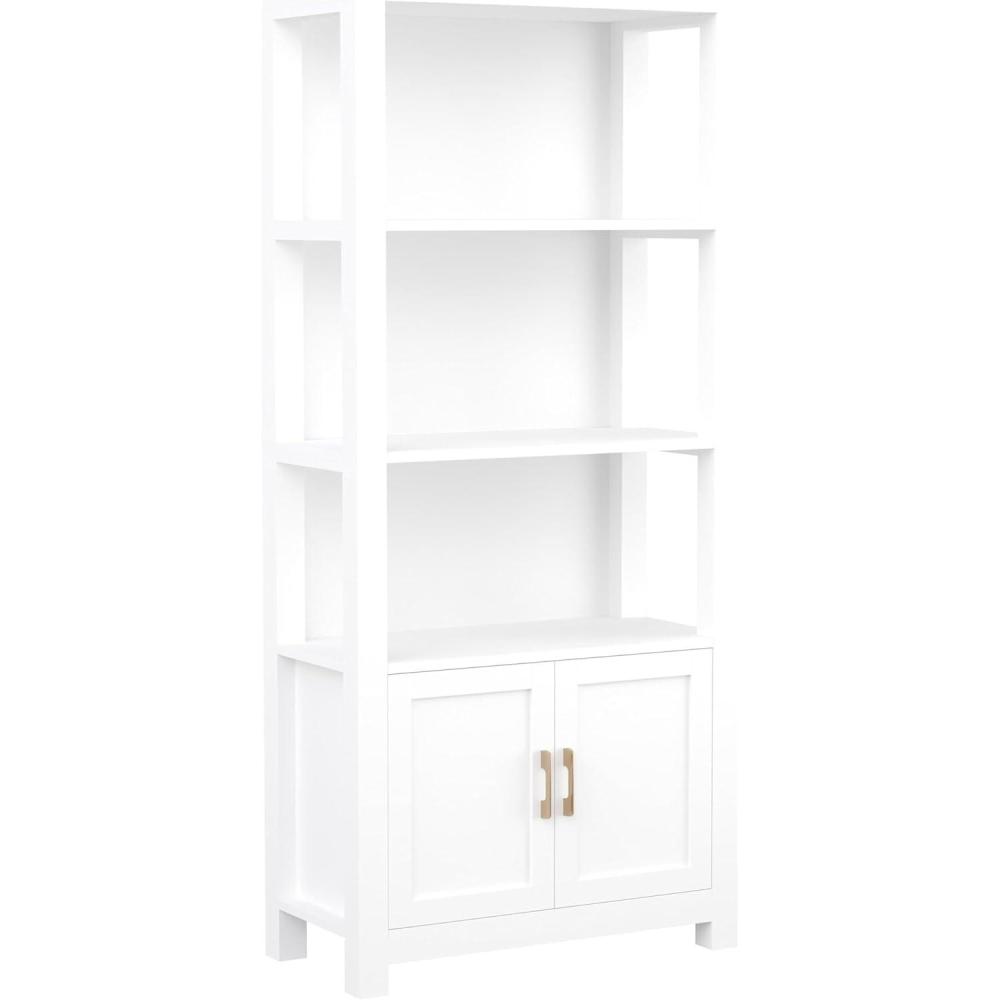 imageMartha Stewart Hutton Four Tier Shaker Bookcase with Storage Cabinet in Gray Washed Wood with Oil Rubbed Bronze HardwareWhite FramePolished Brass Hardware