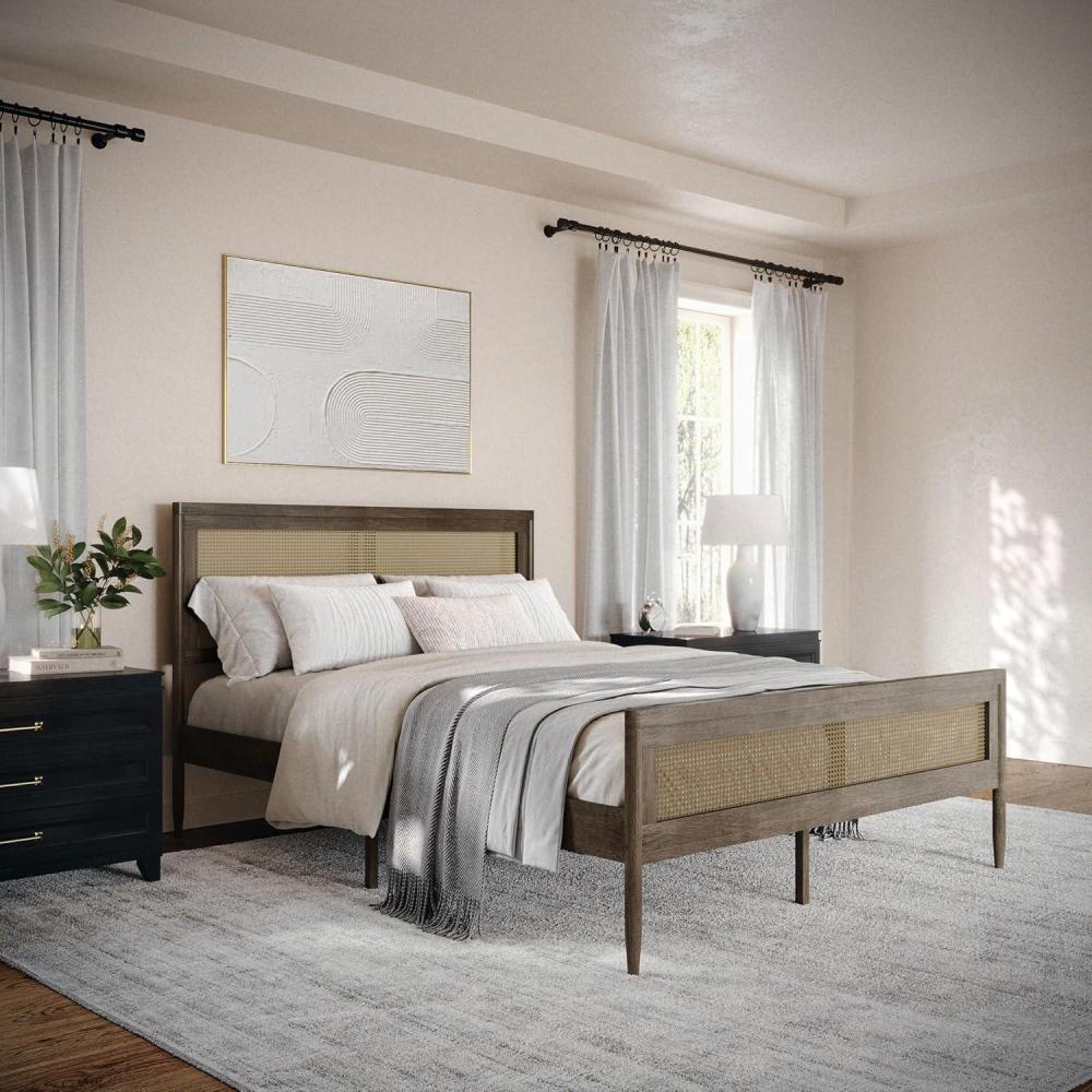 imageMartha Stewart Jax Platform Bed with Rattan Headboard and Footboard Solid Wood Frame Wooden Support Slats No Box Spring Needed Queen Size Brown GrayBrown Gray