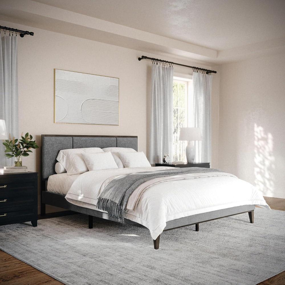 imageMartha Stewart Jett Platform Bed with Headboard Fabric Upholstered Inset Headboard and Base Solid Wood Frame No Box Spring Needed Queen Dark BrownBeigeGray FabricBrown Gray Frame