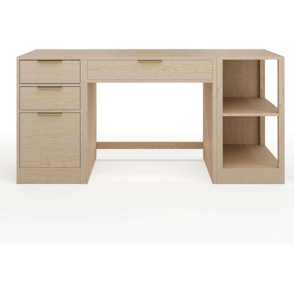 imageMartha Stewart Kayden Home Office Modular Desk with Drawer 2 Tier Shelf and File Cabinet in Light Natural with Brushed Gold HardwareLight Natural