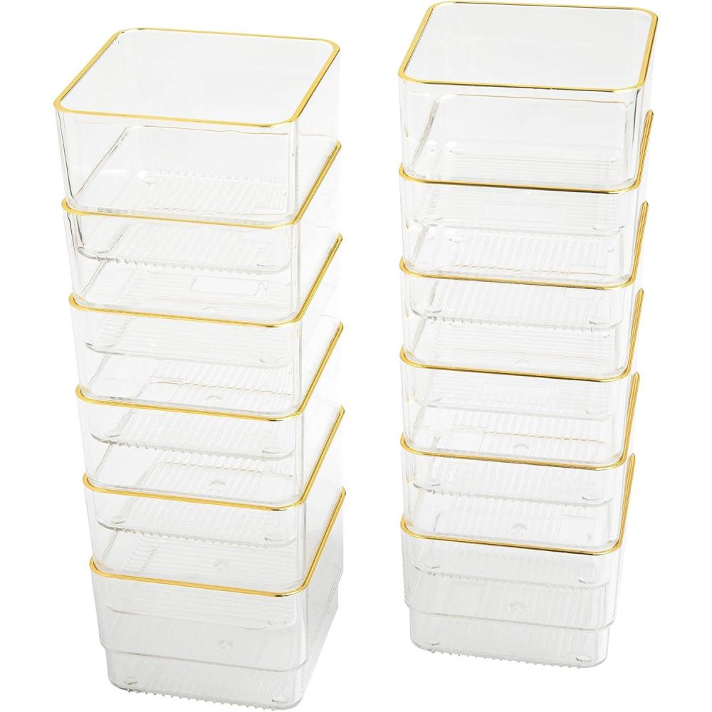 imageMartha Stewart Kerry Plastic Stackable Office Desk Drawer Organizers 3quot x 3quot 12 Pack with Gold Trim3 x 3