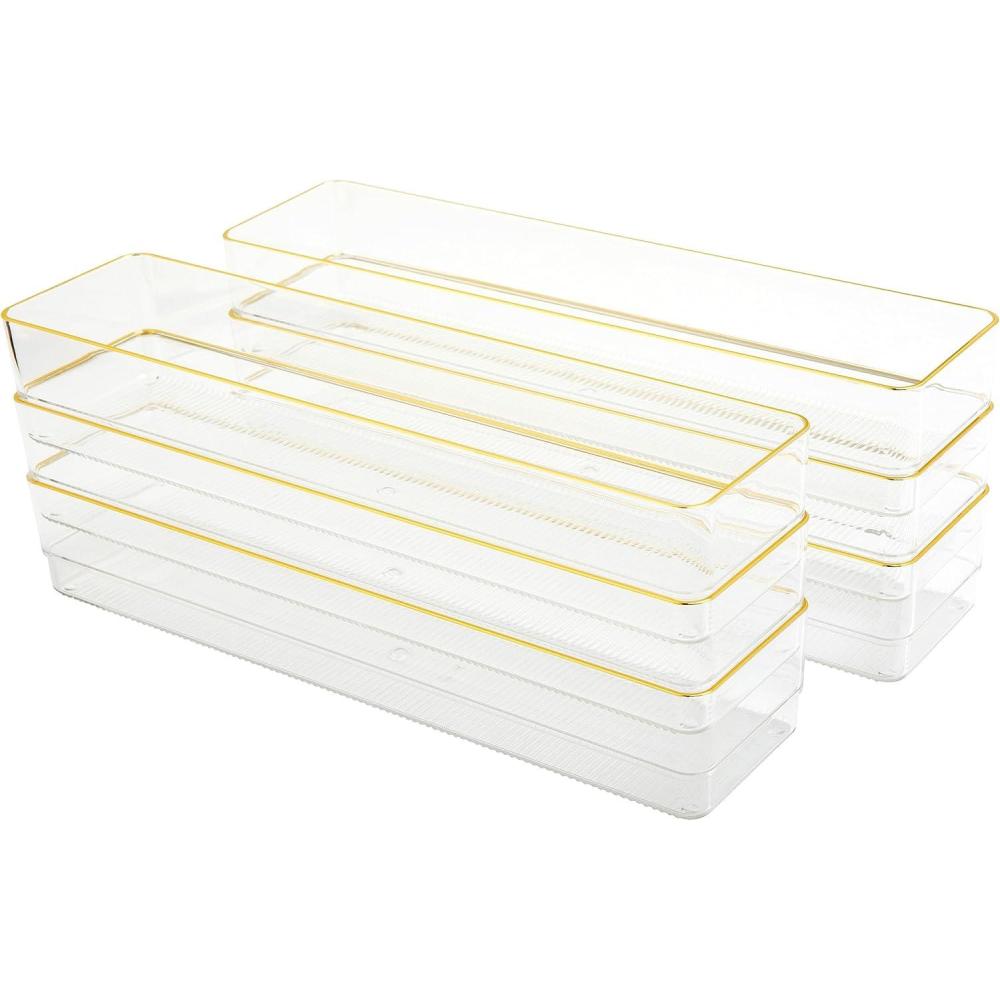 imageMartha Stewart Kerry Plastic Stackable Office Desk Drawer Organizers 6quot x 3quot 6 Pack with Gold Trim12 x 3