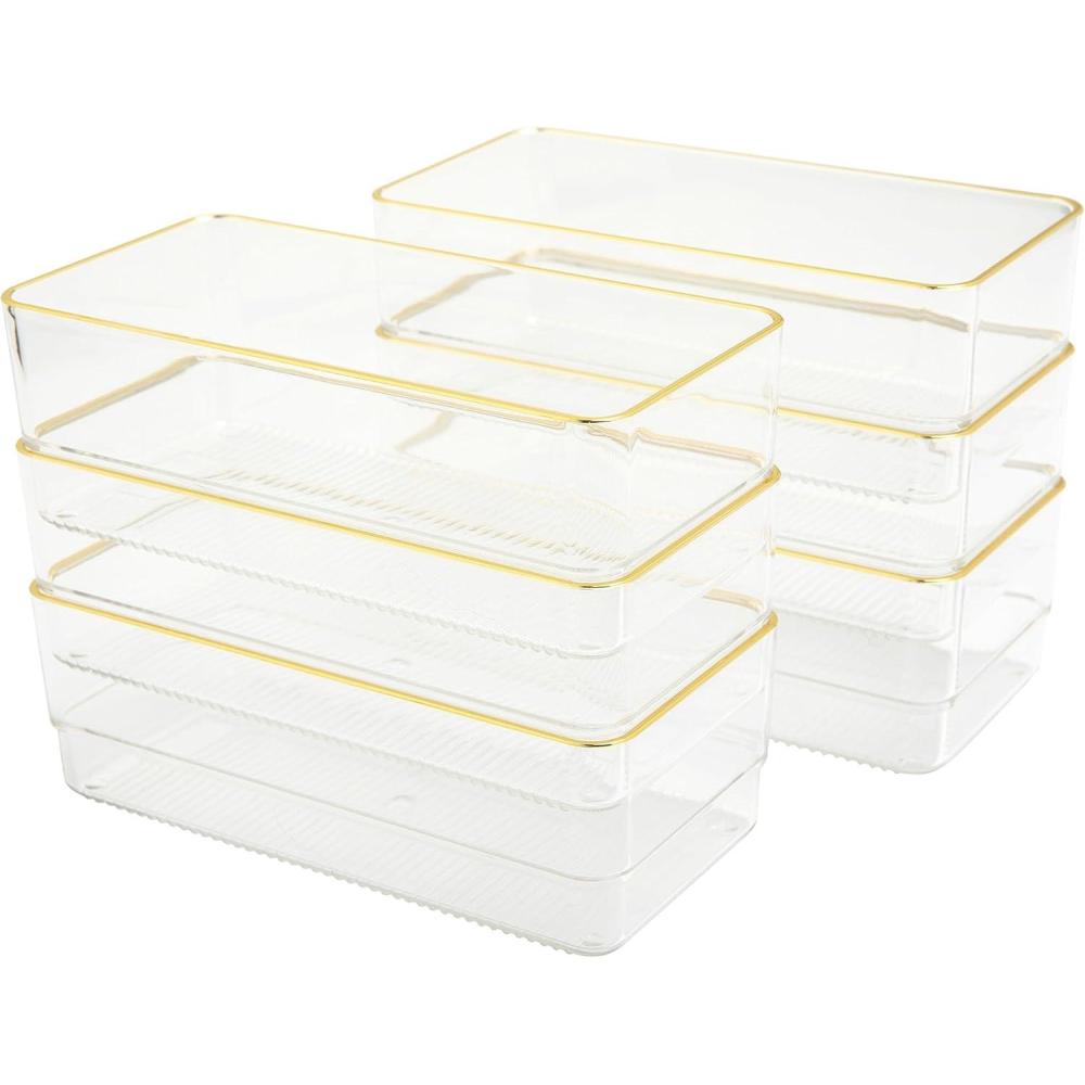 imageMartha Stewart Kerry Plastic Stackable Office Desk Drawer Organizers 6quot x 3quot 6 Pack with Gold Trim6 x 3