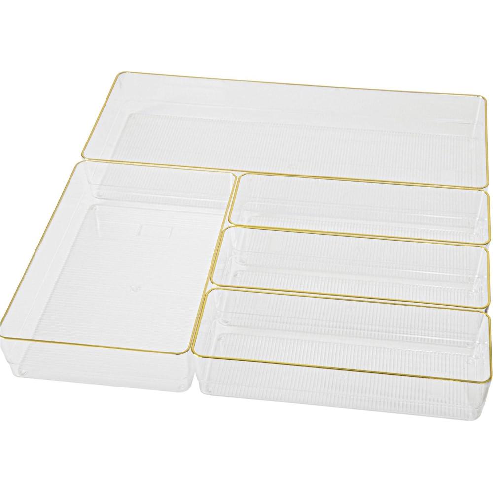 imageMartha Stewart Kerry Plastic Stackable Office Desk Drawer Organizers Set of 8 with Gold TrimSet of 5