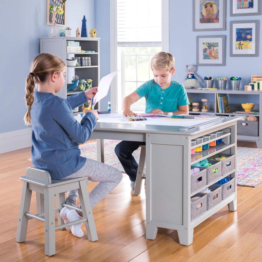 imageMartha Stewart Kids Art Table and Stools Set Gray Wooden Kids Activity Table and Chairs Set wStorage Bins Paper Roll for Coloring ampamp Craft Activities Study ampamp Play Desk for Playroom FurnitureGrey