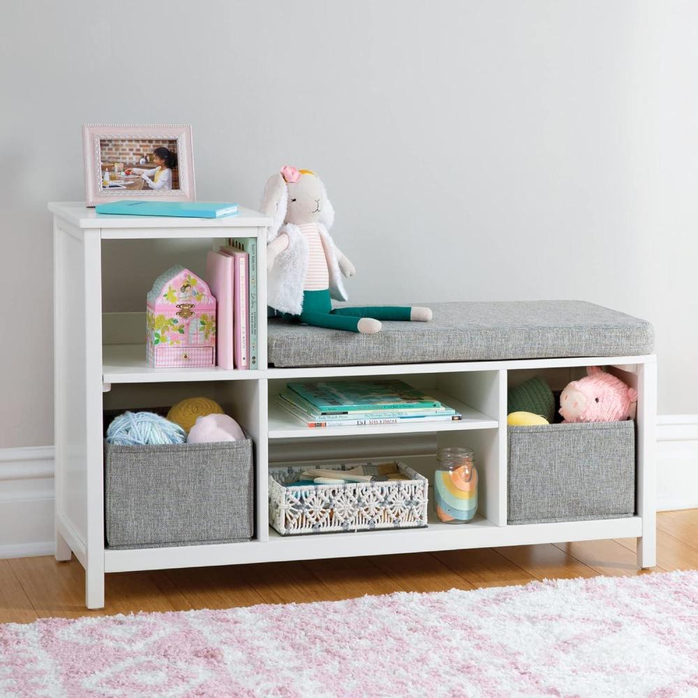 imageMartha Stewart Kids Jr Reading Nook with Bins  Linen White Kids Wood Bookshelf and Storage Bench with Open Shelves and Canvas Storage Bins for Toys Games and Books  Toddler Room FurnitureLinen White