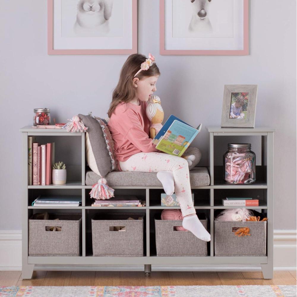imageMartha Stewart Kids Reading Nook Gray Wooden Storage Bench Bookcase Organizer with Seat Cushion Book Shelves and Fabric Bins for Bedroom or PlayroomGrey