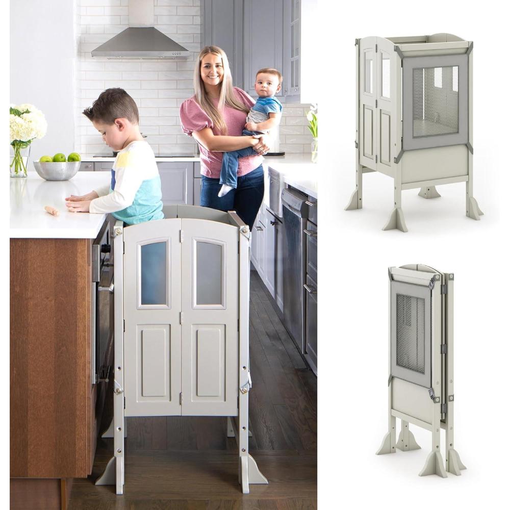 imageMartha Stewart Kitchen Helper Toddler Tower Charcoal Kids Folding Wood Kitchen Platform Adjustable Height Step Stool for Toddlers Little Kids Learning FurnitureTaupe