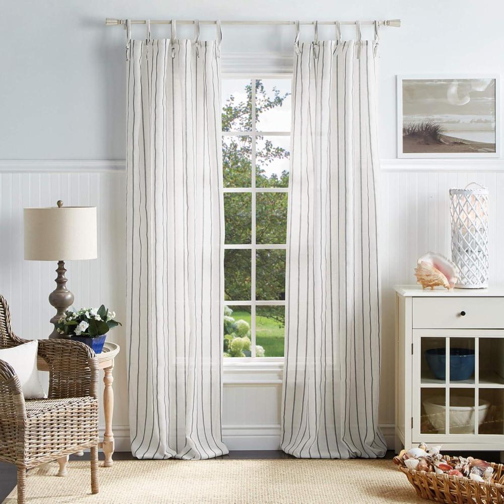imageMartha Stewart Laguna Stripe SemiSheer Tie Tab Window Curtain Panel Pair 95 GreyGrey