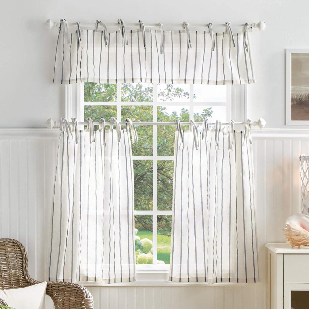 imageMartha Stewart Laguna Stripe SemiSheer Tie Tab Window Curtain Valance and Tiers Set GreyGrey
