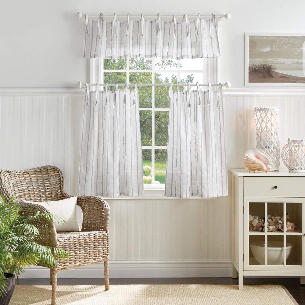 imageMartha Stewart Laguna Stripe SemiSheer Tie Tab Window Curtain Valance and Tiers Set GreyMocha