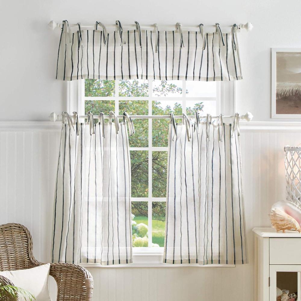 imageMartha Stewart Laguna Stripe SemiSheer Tie Tab Window Curtain Valance and Tiers Set GreyNavy