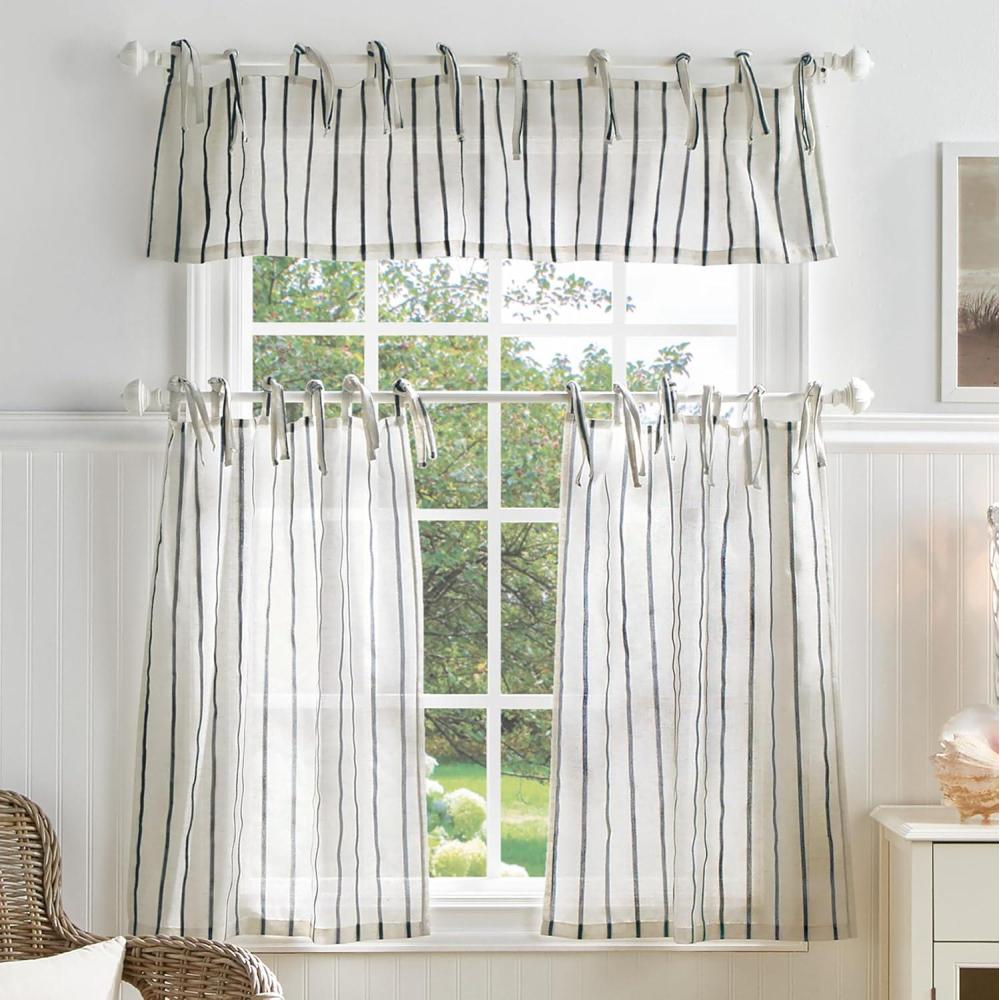 imageMartha Stewart Laguna Stripe SemiSheer Tie Tab Window Curtain Valance and Tiers Set GreyNavy Stripes