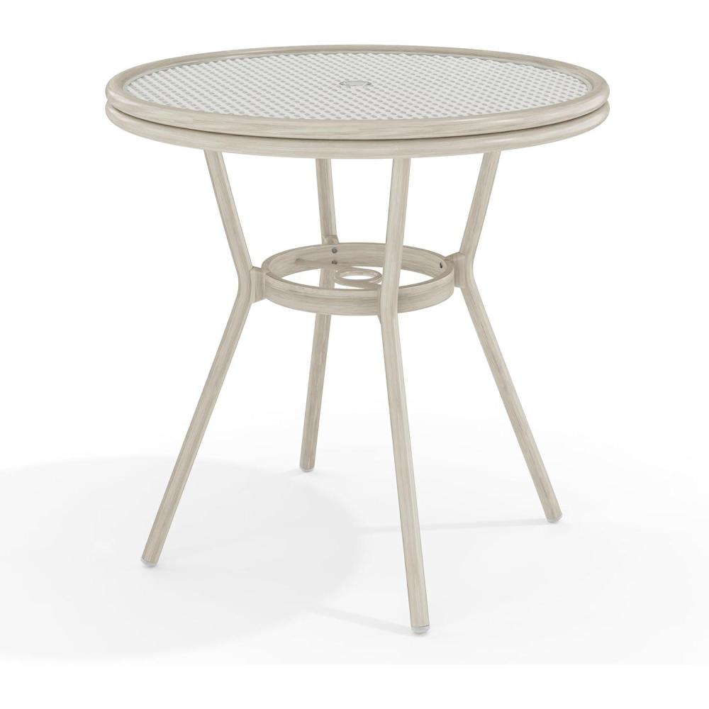 imageMartha Stewart Lily Pond 31 Round IndoorOutdoor Bistro Dining Table with Aluminum Frame in Gray Woodgrain and Rattan Top in WhiteGray with Tempered Glass TopGray  WhiteGray Frame