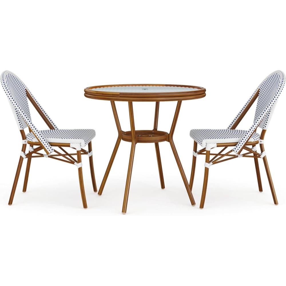 imageMartha Stewart Lily Pond 5 Piece IndoorOutdoor Navy and White Woven Rattan Bistro Set with Natural Woodgrain Aluminum Frames and Tempered Glass TabletopNavy WhiteNatural Frame