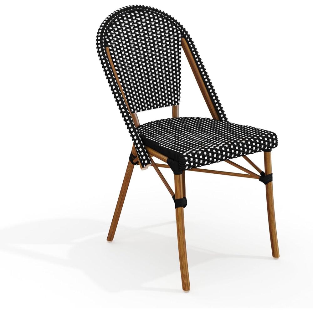 imageMartha Stewart Lily Pond IndoorOutdoor Stackable Aluminum Bistro Chair with Gray Woodgrain Frame Finish and WhiteGray Woven Rattan Backrest and SeatBlack WhiteNatural Frame