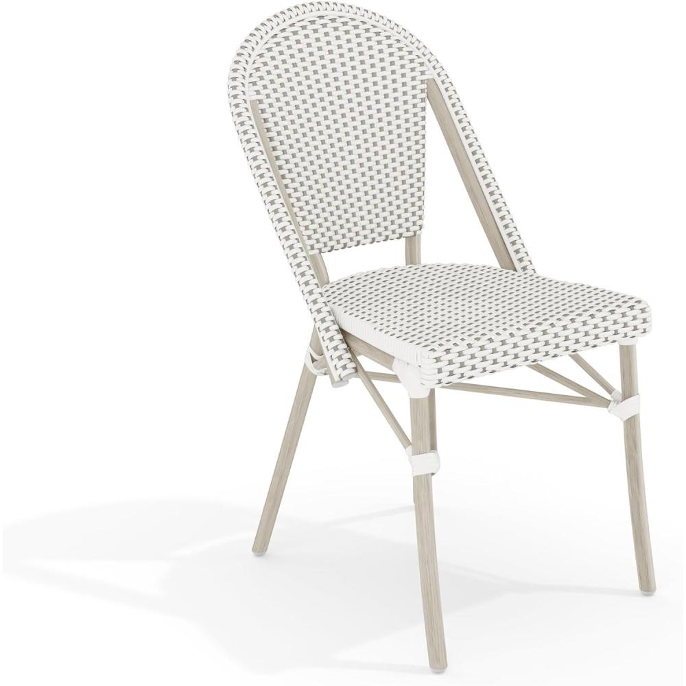 imageMartha Stewart Lily Pond IndoorOutdoor Stackable Aluminum Bistro Chair with Gray Woodgrain Frame Finish and WhiteGray Woven Rattan Backrest and SeatGray  WhiteGray Frame