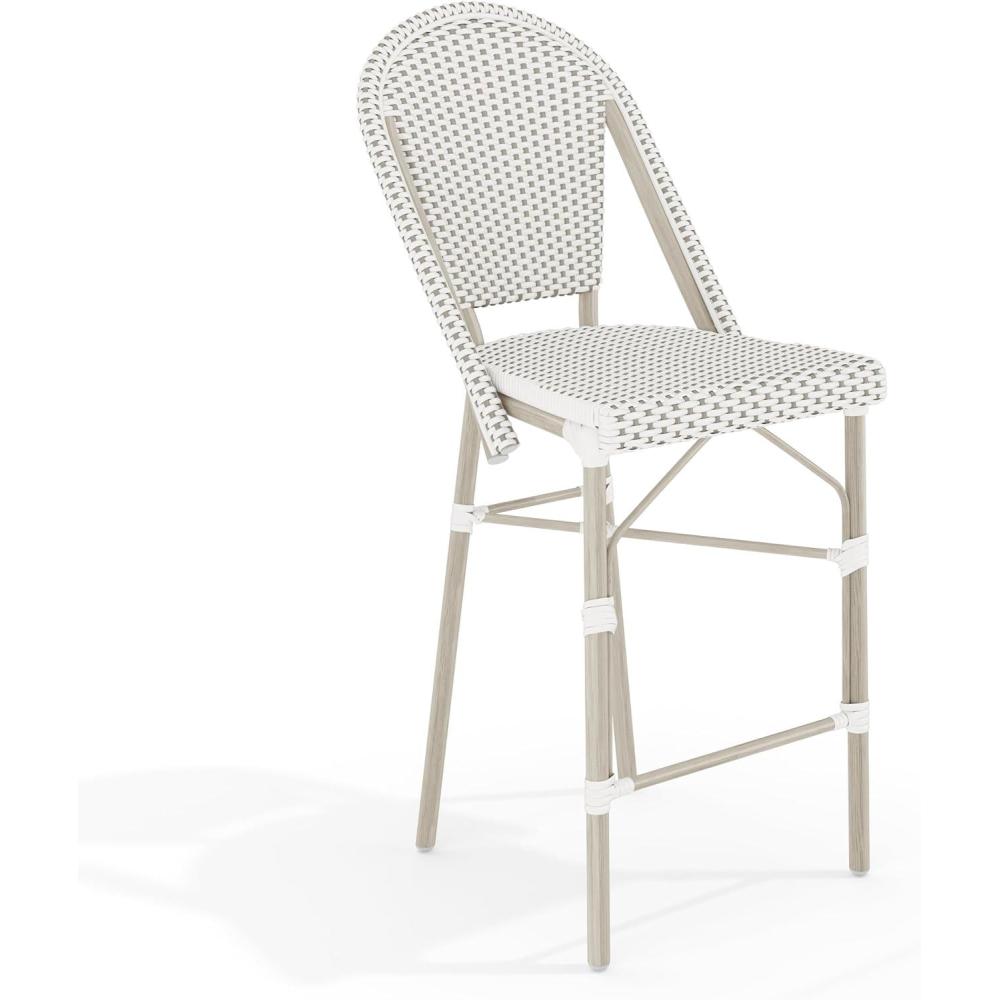 imageMartha Stewart Lily Pond IndoorOutdoor Stackable Counter Stool with Natural Woodgrain Aluminum Frame Finish and WhiteNavy Woven Rattan Backrest and SeatGray  WhiteGray Frame