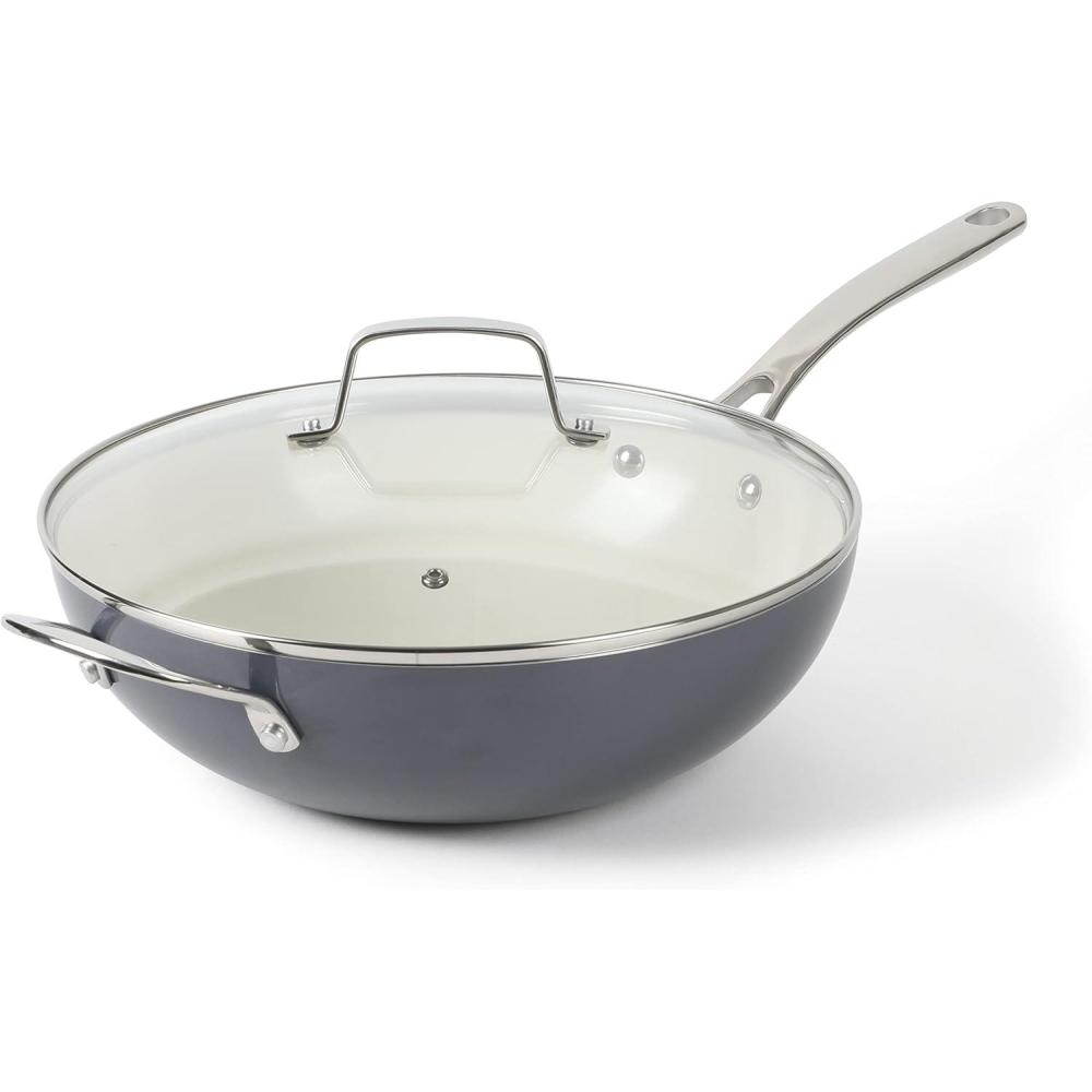 imageMartha Stewart Lockton 12quot Essential Multipurpose Heavy Gauge Aluminum FrypanWok Pan wPFA Free Premium Ceramic Nonstick Interior GreyGrey Essential Pan