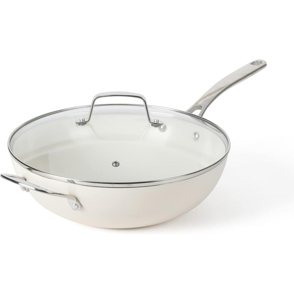 imageMartha Stewart Lockton 12quot Essential Multipurpose Heavy Gauge Aluminum FrypanWok Pan wPFA Free Premium Ceramic Nonstick Interior GreyLinen Essential Pan