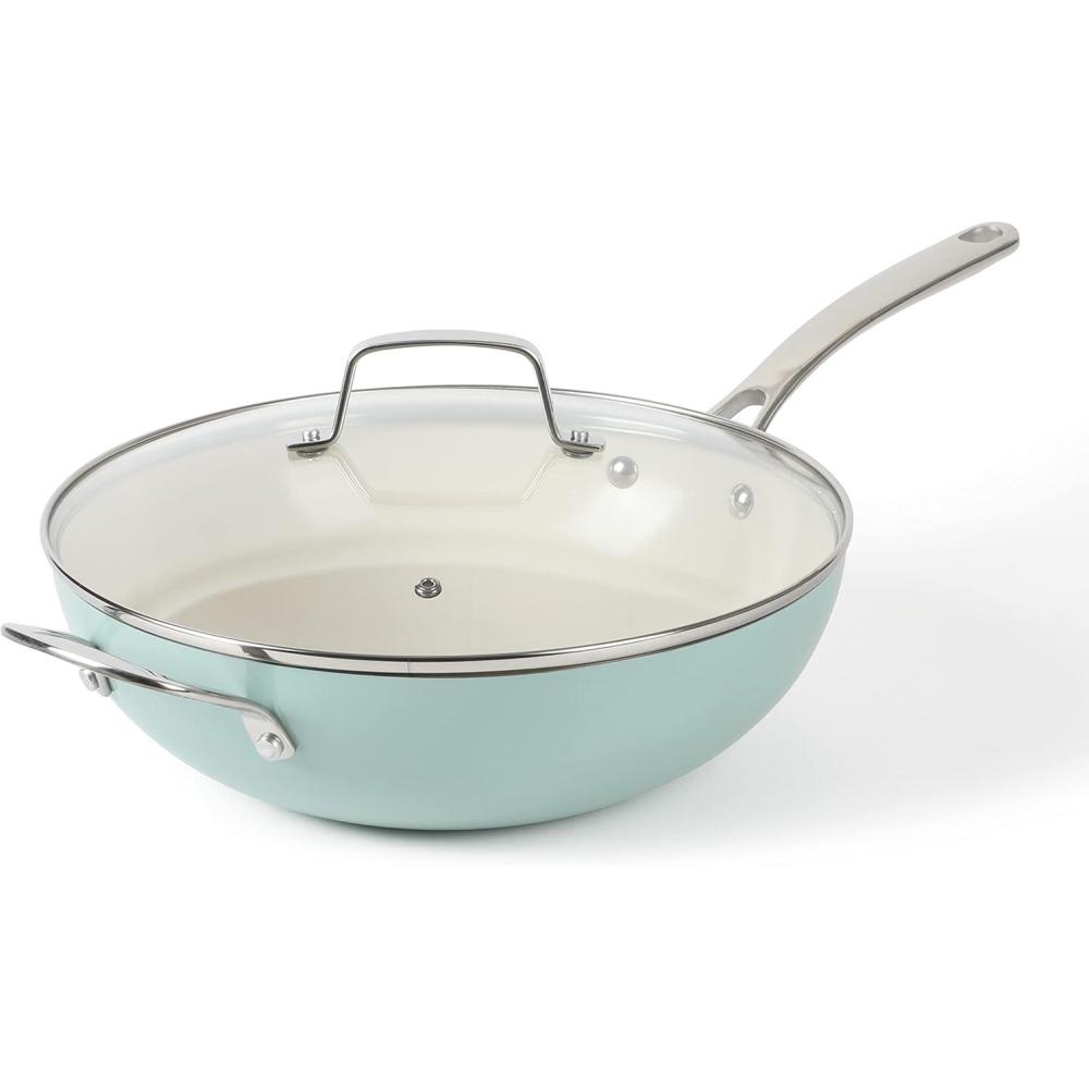 imageMartha Stewart Lockton 12quot Essential Multipurpose Heavy Gauge Aluminum FrypanWok Pan wPFA Free Premium Ceramic Nonstick Interior GreyMartha Blue Essential Pan