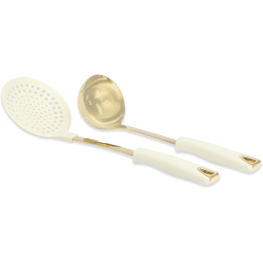 imageMartha Stewart Lockton 2Piece Stainless Steel ampamp Nylon Kitchen Skimmer and Ladle Set Linen wGold