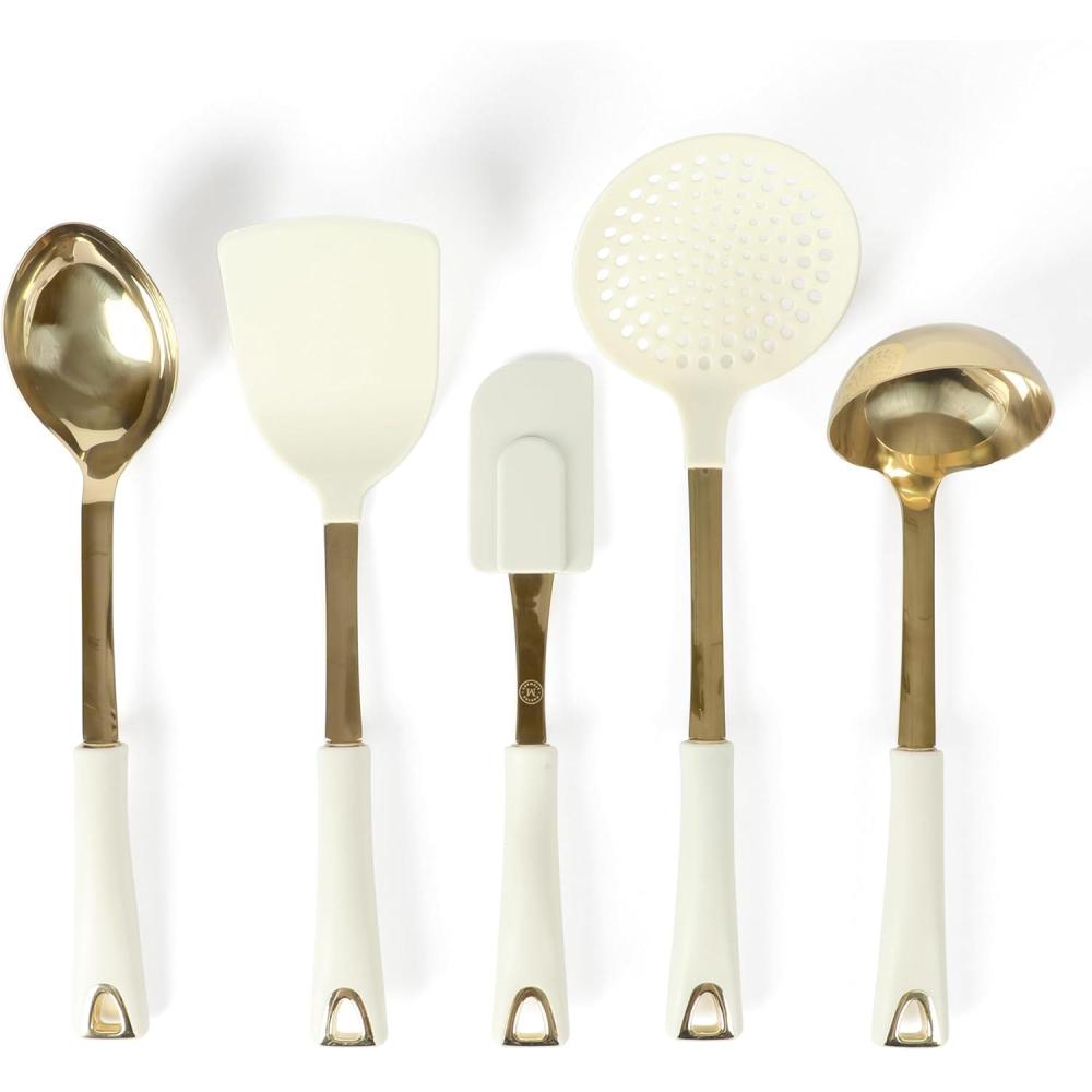 imageMartha Stewart Lockton 5Piece Kitchen Tool Set  Stainless Steel ampamp Nylon Cooking Utensils with Linen Handles and Gold Accents Durable HeatResistant Kitchen Gadgets