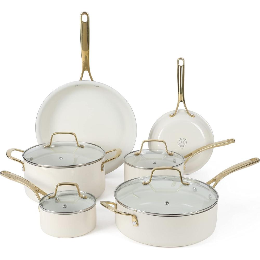 imageMartha Stewart Lockton Premium Non stick Non Toxic PFA Free Ceramic Interior 10 Piece Heavy Gauge Enamel Aluminum Pots and Pans Cookware Set Linen White wGold HandleLinen w Gold Handle
