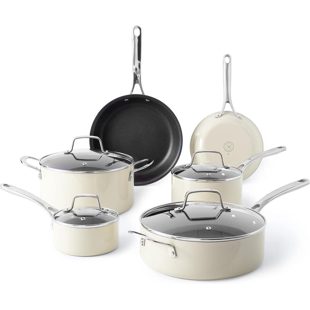 imageMartha Stewart Lockton Premium Nonstick 10 Piece Enamel Heavy Gauge Aluminum Pots and Pans Cookware Set Linen WhiteLinen