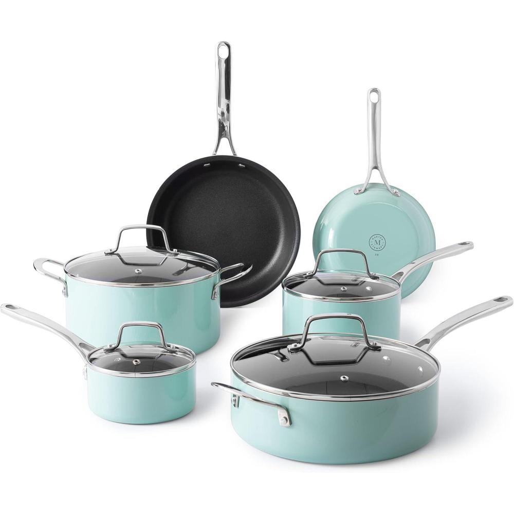 imageMartha Stewart Lockton Premium Nonstick 10 Piece Enamel Heavy Gauge Aluminum Pots and Pans Cookware Set Linen WhiteMartha Blue