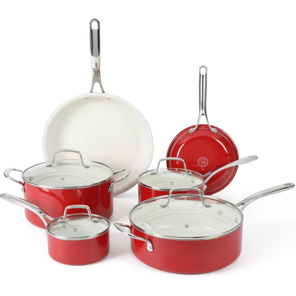 imageMartha Stewart Lockton Premium Nonstick 10 Piece Enamel Heavy Gauge Aluminum Pots and Pans Cookware Set Linen WhiteRed