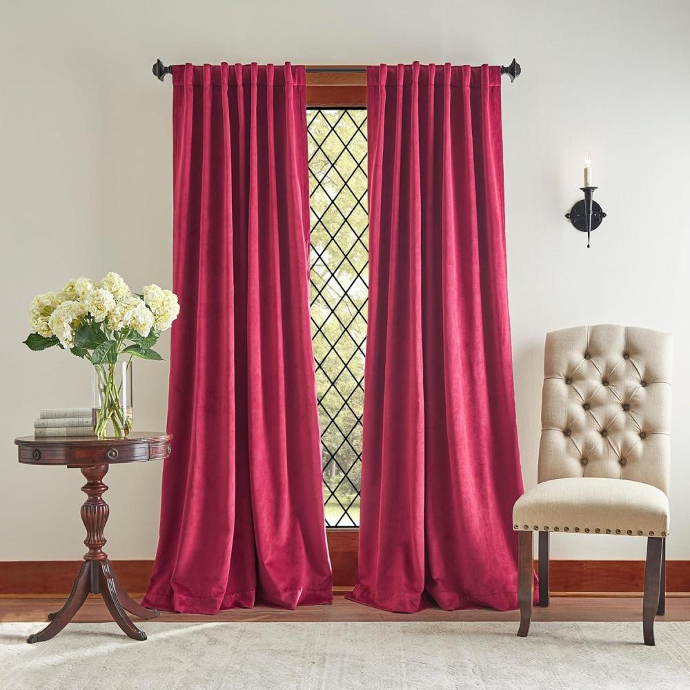 imageMartha Stewart Lucca Velvet Blackout Back Tab Window Curtain Panel Pair 95quot Linen BeigePomegranate