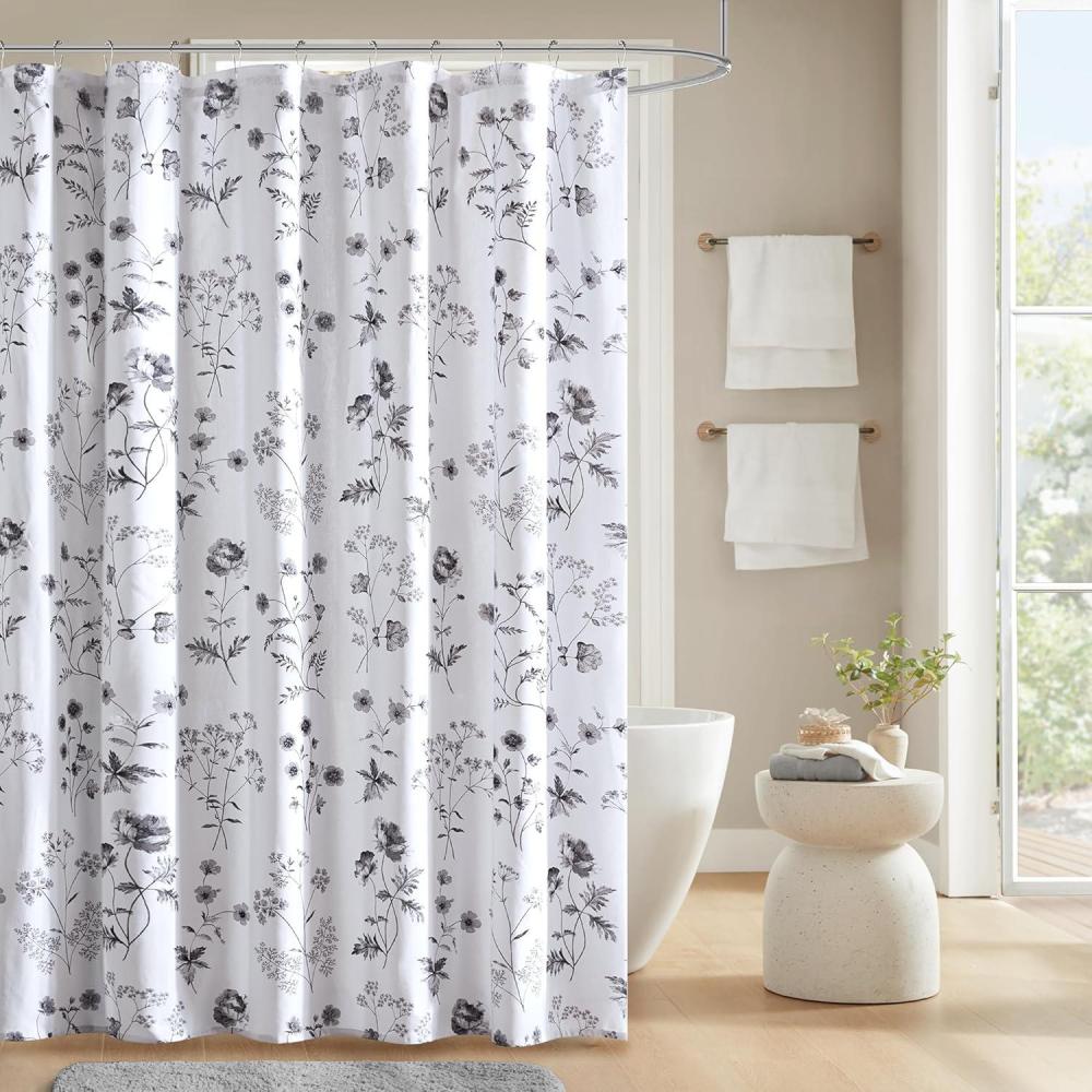 imageMartha Stewart Marthas Garden Shower Curtain Botanical Floral Print Cotton Shower Curtain for Bathroom Spa Quality Modern Shower Curtains Standard Size 72x72 Sage GreenGarden Black