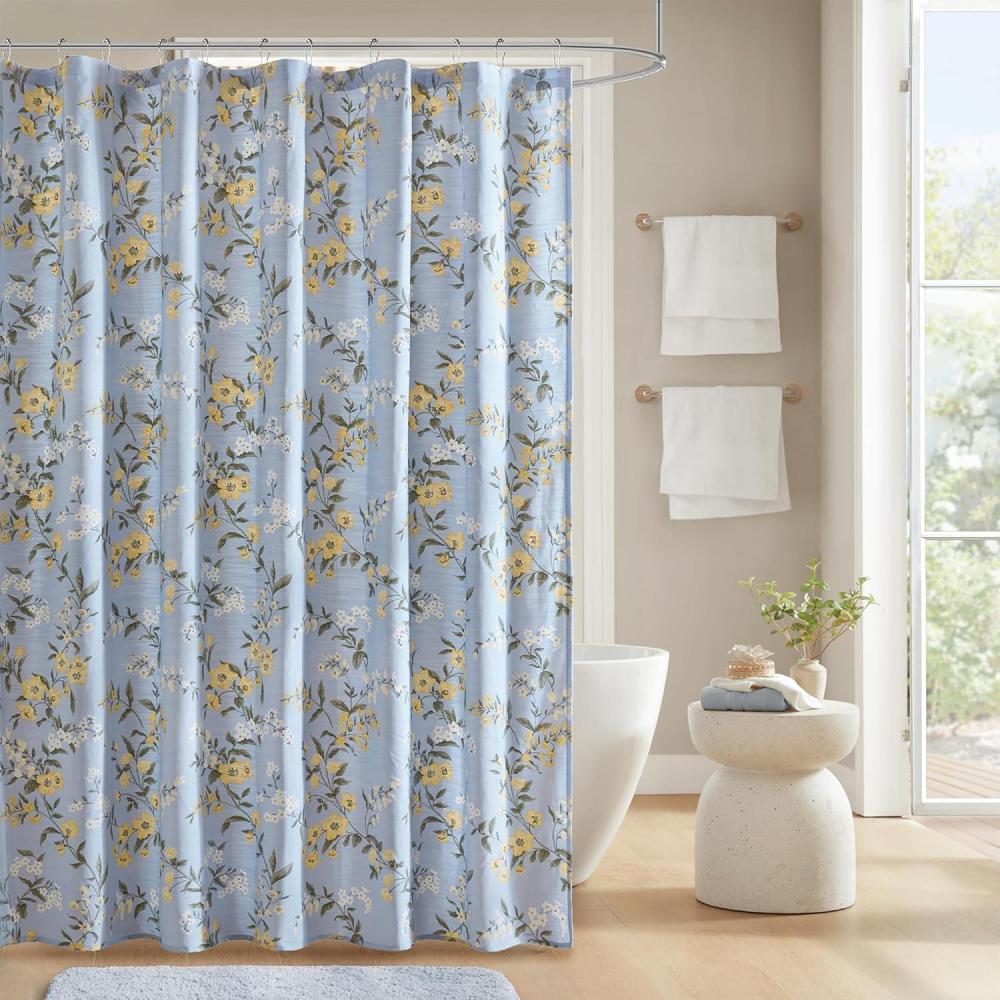 imageMartha Stewart Marthas Garden Shower Curtain Botanical Floral Print Cotton Shower Curtain for Bathroom Spa Quality Modern Shower Curtains Standard Size 72x72 Sage GreenMeadow Blue