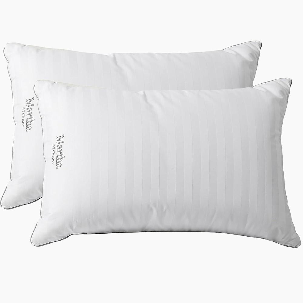 imageMartha Stewart Medium Soft Feather Down 100 Cotton 500 Thread Count Damask Stripe Embroidered Queen Size Set of 2White