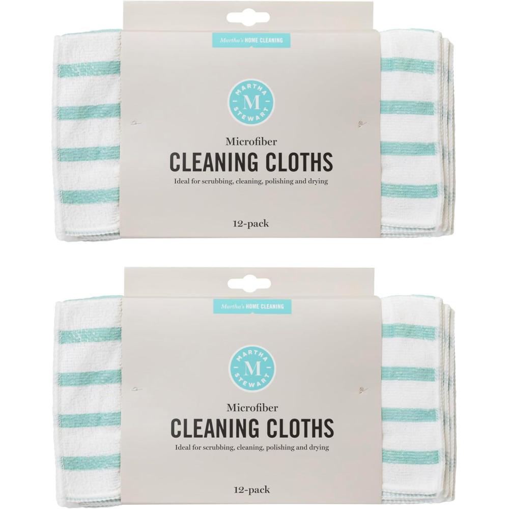 imageMartha Stewart Microfiber Cleaning Cloths UltraAbsorbent LintFree Cleaning Towels for Home ampamp Kitchen Grey Gingham 11 Inches 24 CountTeal Stripes