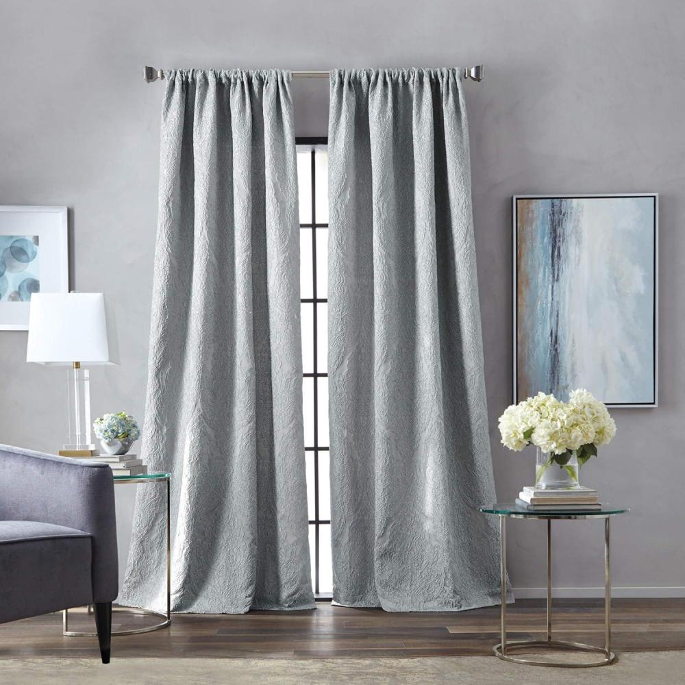 imageMartha Stewart Milan Damask Room Darkening Lined Rod Pocket Window Curtain Single Panel 84quot IvoryGrey