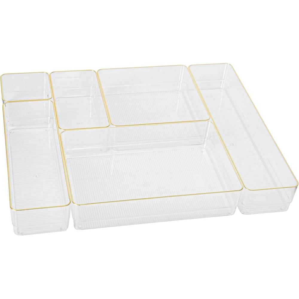 imageMartha Stewart Miles Plastic Stackable Office Desk Drawer Organizers Set of 6 ClearClearGold Trim