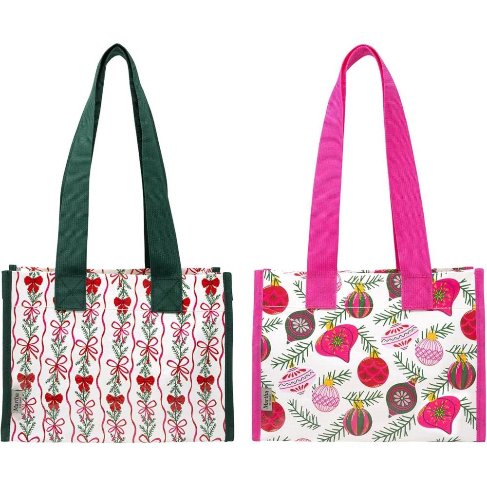 imageMartha Stewart Mini Market Tote Set of 2 Reusable and WaterResistant Eco Holiday Totes Shopping Bags with Long Shoulder Straps Gift or Grocery Bag Set OrnamentsHoliday Bow Stripe