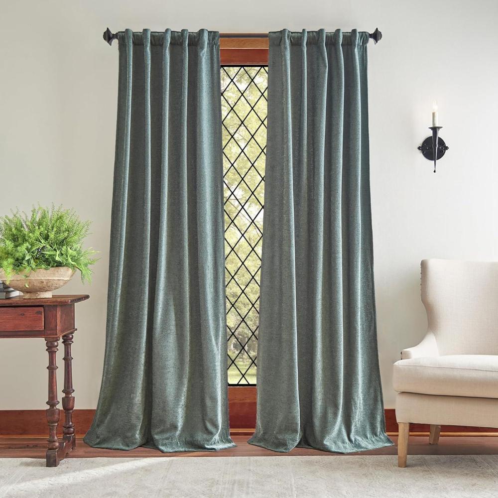 imageMartha Stewart Naples Chenille Solid Back Tab Window Curtain Panel Pair 84quot NavyOlive