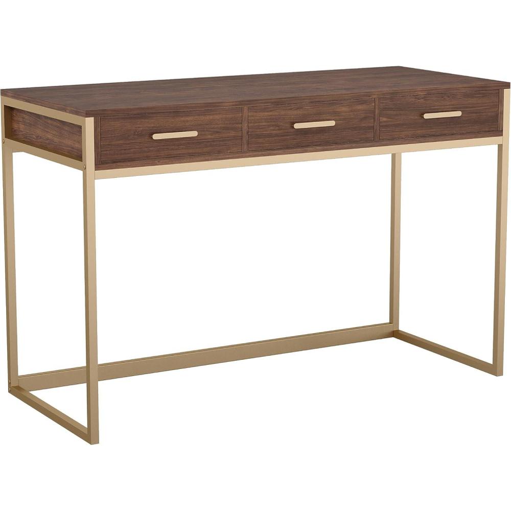 imageMartha Stewart Ollie Home Office Desk with 3 Drawers in Walnut Wood Grain with Polished Brass HardwareWalnut TopPolished Brass Frame