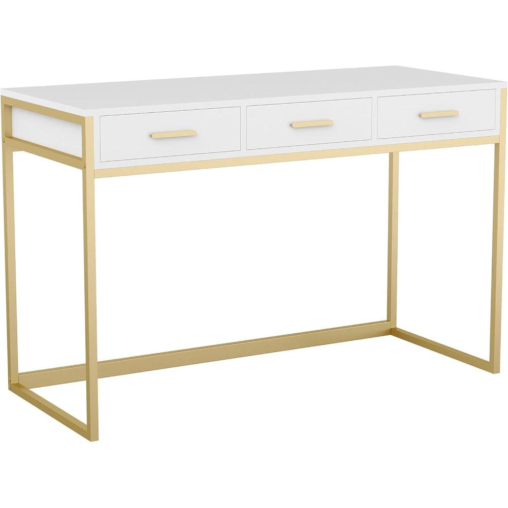imageMartha Stewart Ollie Home Office Desk with 3 Drawers in Walnut Wood Grain with Polished Brass HardwareWhite TopPolished Brass Frame