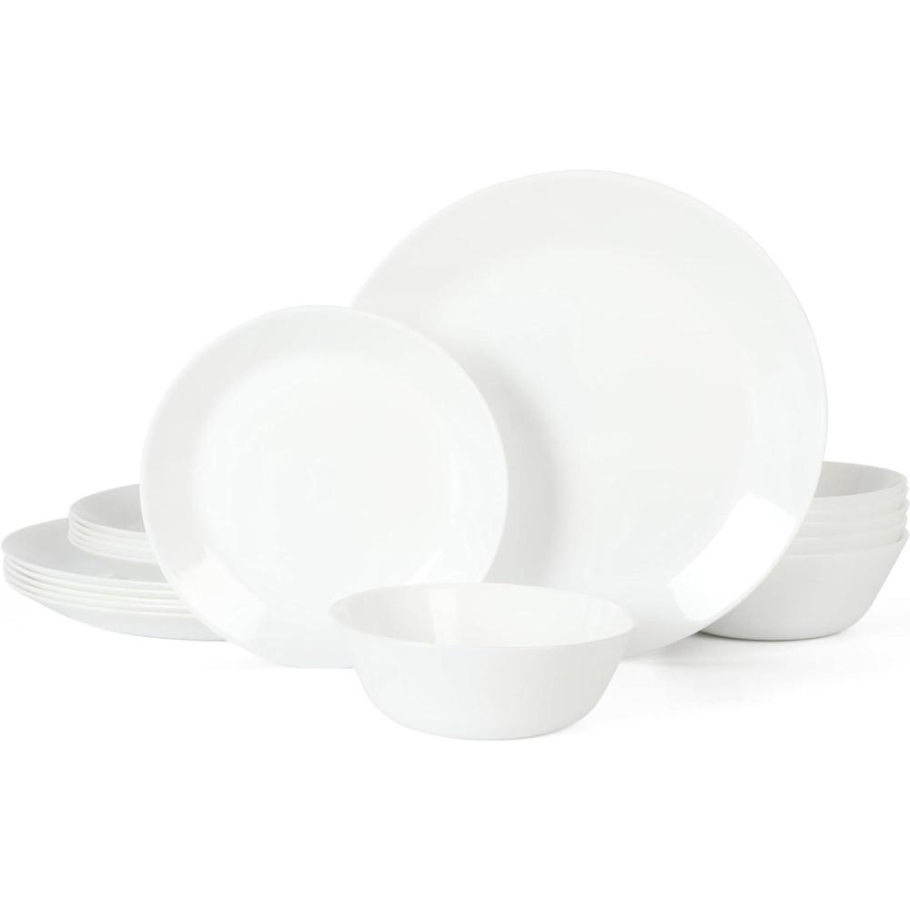 imageMartha Stewart Opalton 18Piece Dinnerware Set  Chip and Break Resistant Opal Glass Plates and Bowls Lightweight White Dinner Set for 6 Microwave and Dishwasher Safe