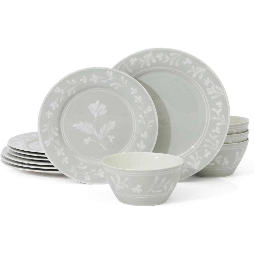 imageMartha Stewart Peony 12 Piece Porcelain Floral Chip and Scratch Resistant Dinnerware SetSage Green