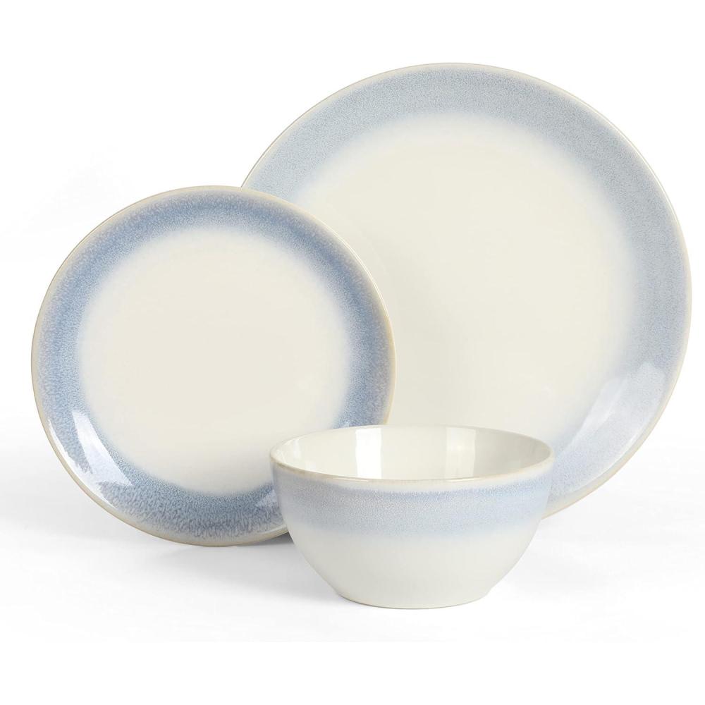 imageMartha Stewart Perry Street 12pc Stoneware Reactive Dinnerware Set  White wBlue Rim