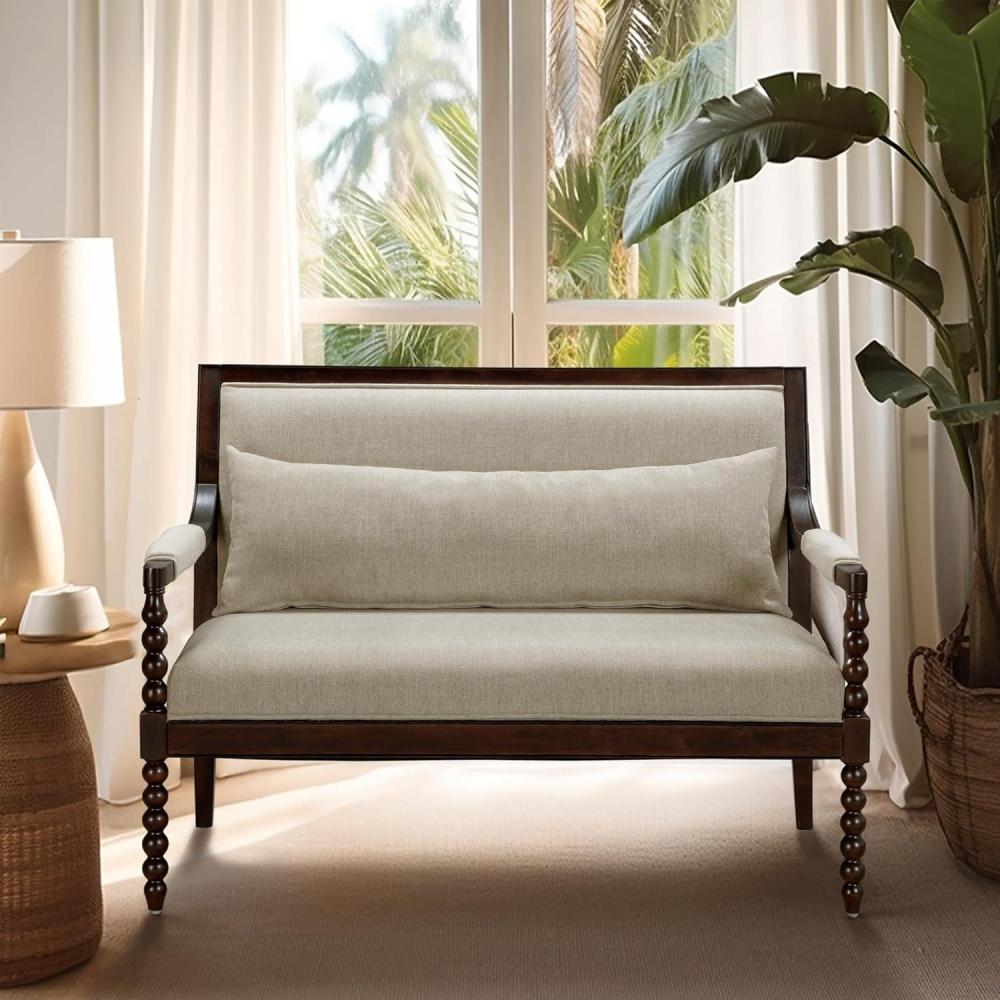 imageMartha Stewart Philippe Loveseat for Living Room Lily Pond Collection Spindle Wood Frame Upholstered Seat Lumbar Pillow Cottage Accent Settee Coastal Furniture Decor 475quot W Morocco BrownTaupe