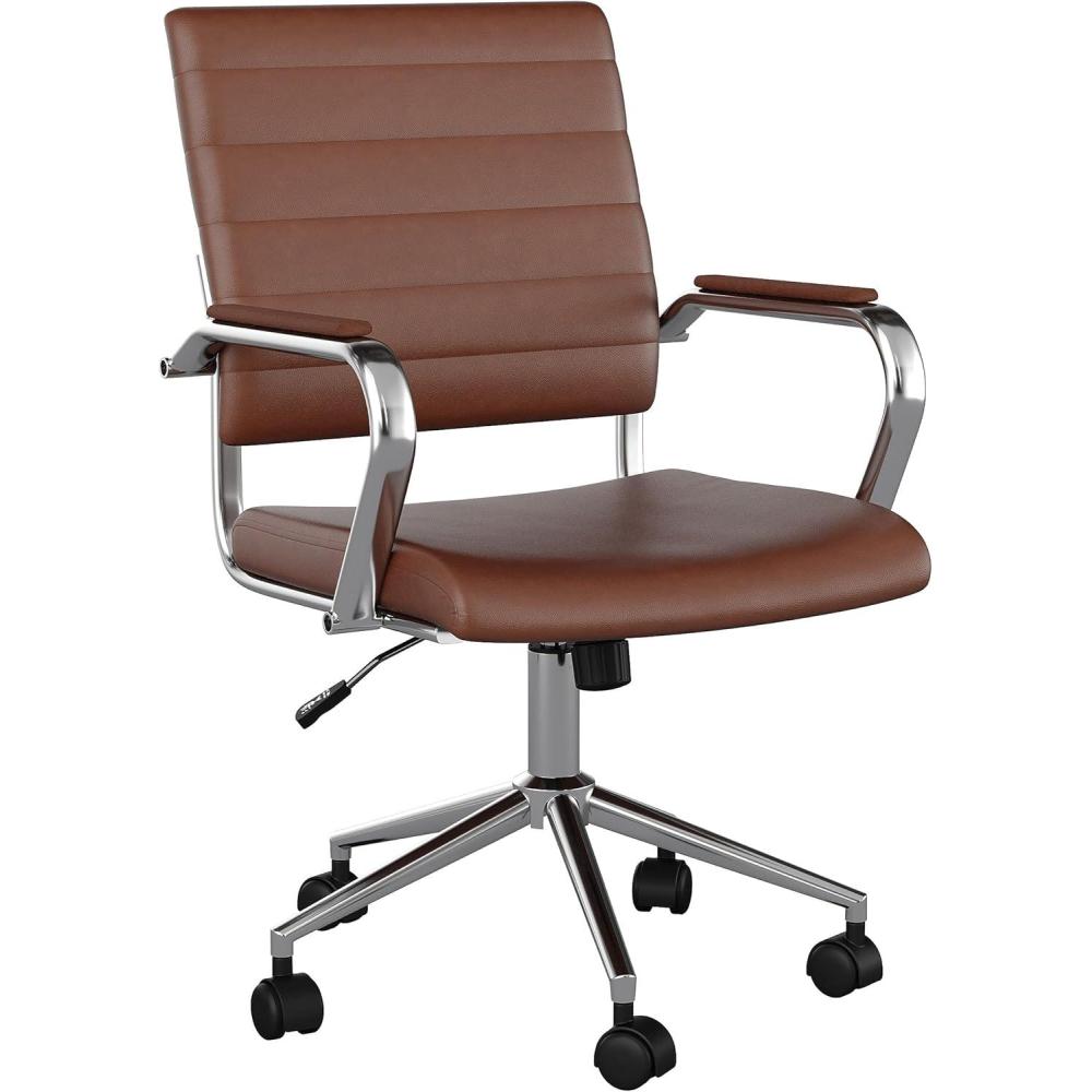 imageMartha Stewart Piper Swivel Task Chair with Armrests for Home Office in Saddle Brown Faux Leather with Polished Nickel FrameSaddle Brown Faux LeatherPolished Nickel
