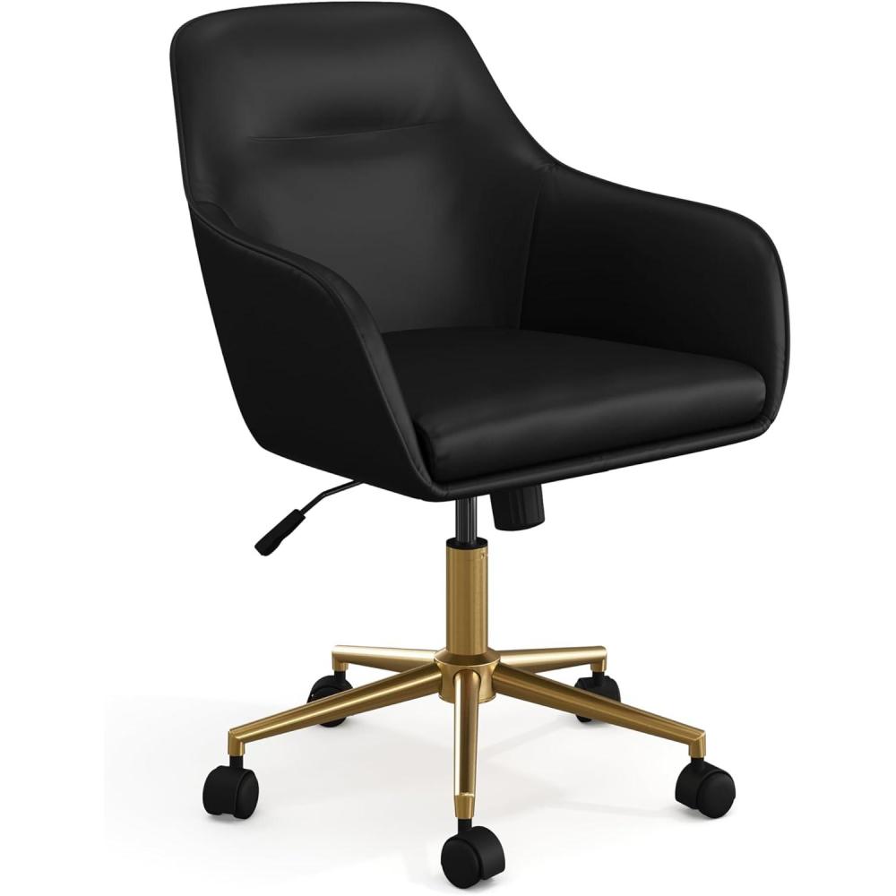 imageMartha Stewart Rayna Swivel Task Chair with Flared Arms for Home Office in White Boucle with Oil Rubbed Bronze FrameBlack Faux LeatherPolished Brass Frame