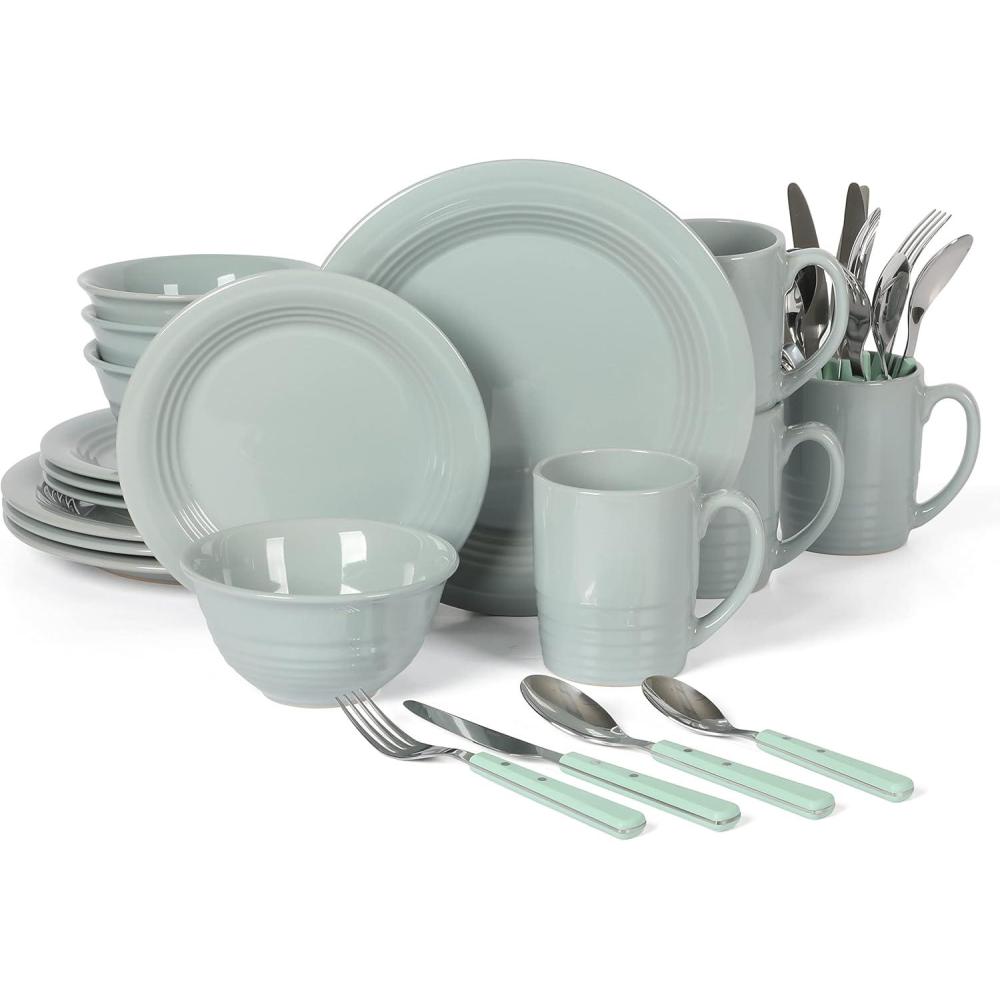 imageMartha Stewart Reedley 32 Piece Stoneware Dinnerware and Flatware Combo Set  Linen WhiteBlue